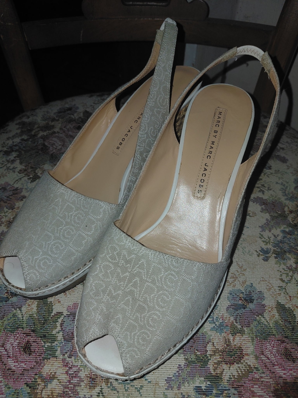 Marc by Marc Jacobs Cream Logo Jacquard Peep-Toe Slingback Wedges